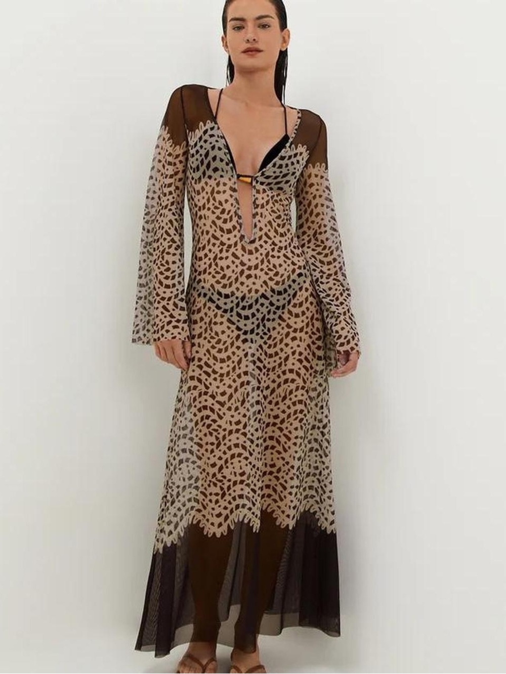 Caroline Constas Taupe and Cream Floral Printed Beach Cover Up Maxi Dress